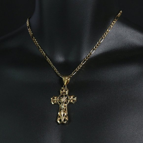 14k Cross Jesus Halo Figaro Italy Necklace - Picture 5 of 5